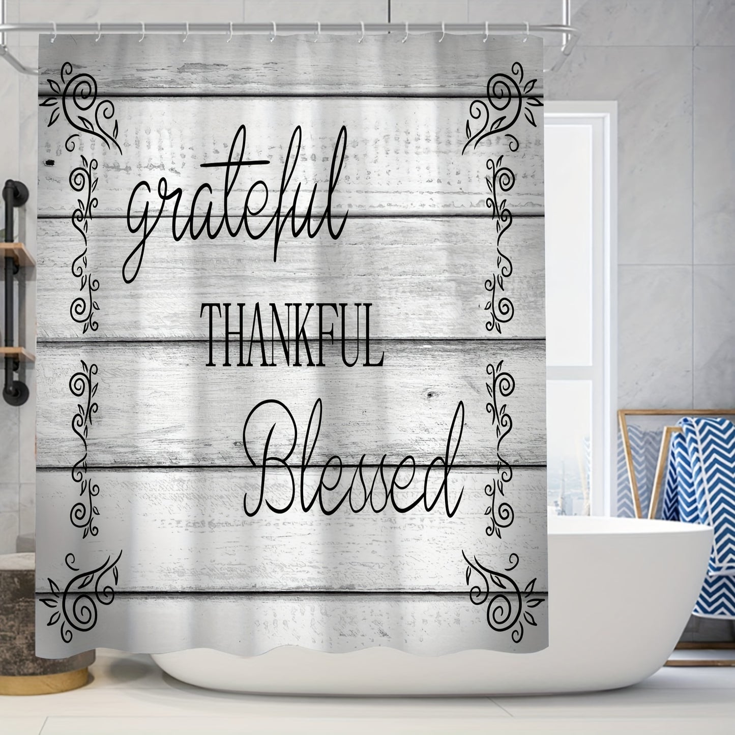 Grateful Thankful Blessed Christian Shower Curtain Set With 12 Hooks, Shower Mat, & Toilet Carpet claimedbygoddesigns