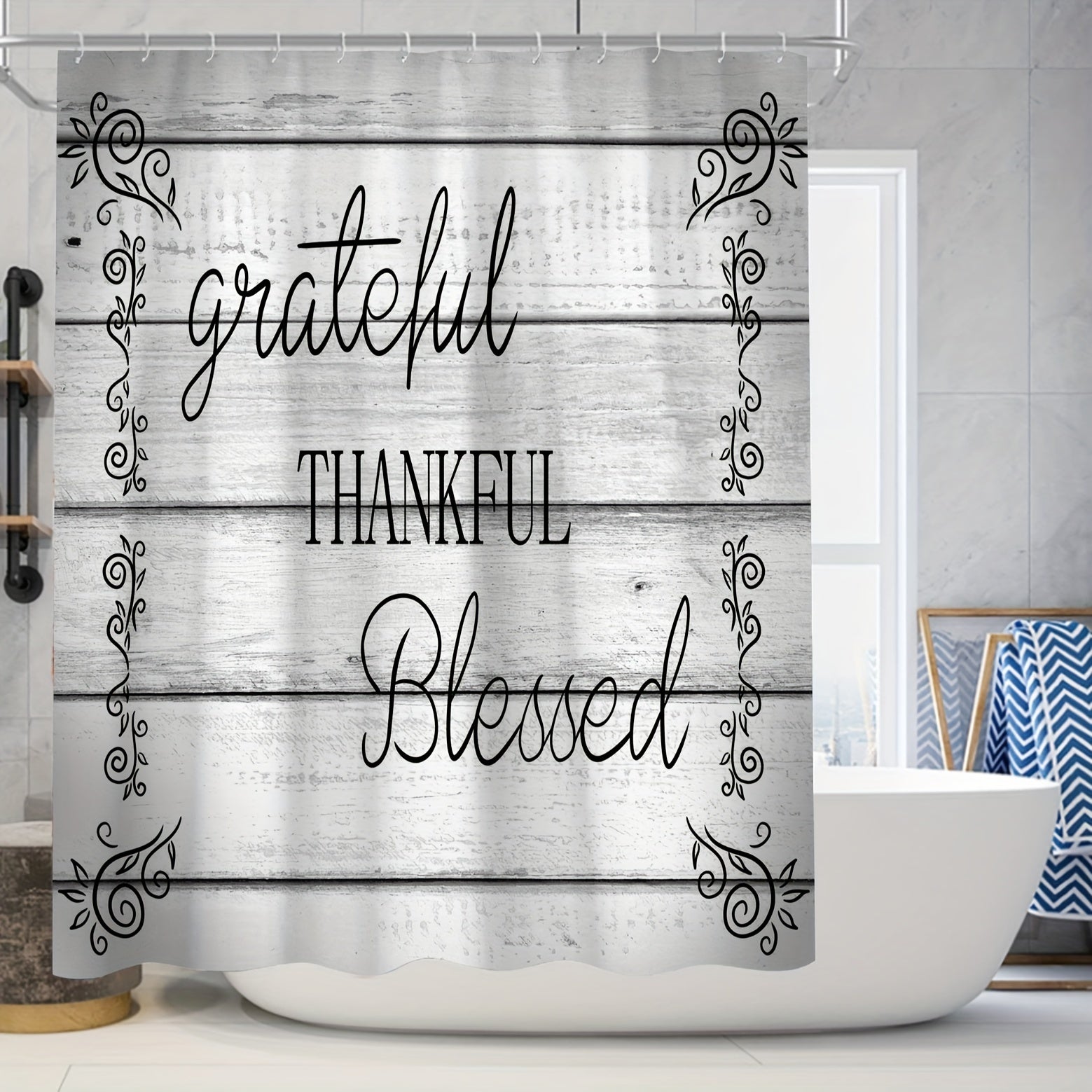 Grateful Thankful Blessed Christian Shower Curtain Set With 12 Hooks, Shower Mat, & Toilet Carpet claimedbygoddesigns
