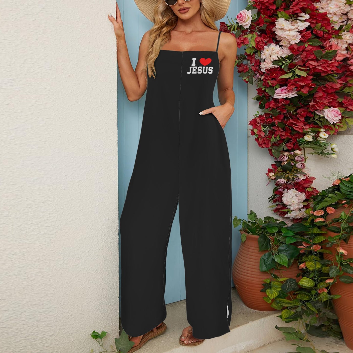 I Love Jesus Women's Christian Spaghetti Straps Pocket Wide Leg Jumpsuit