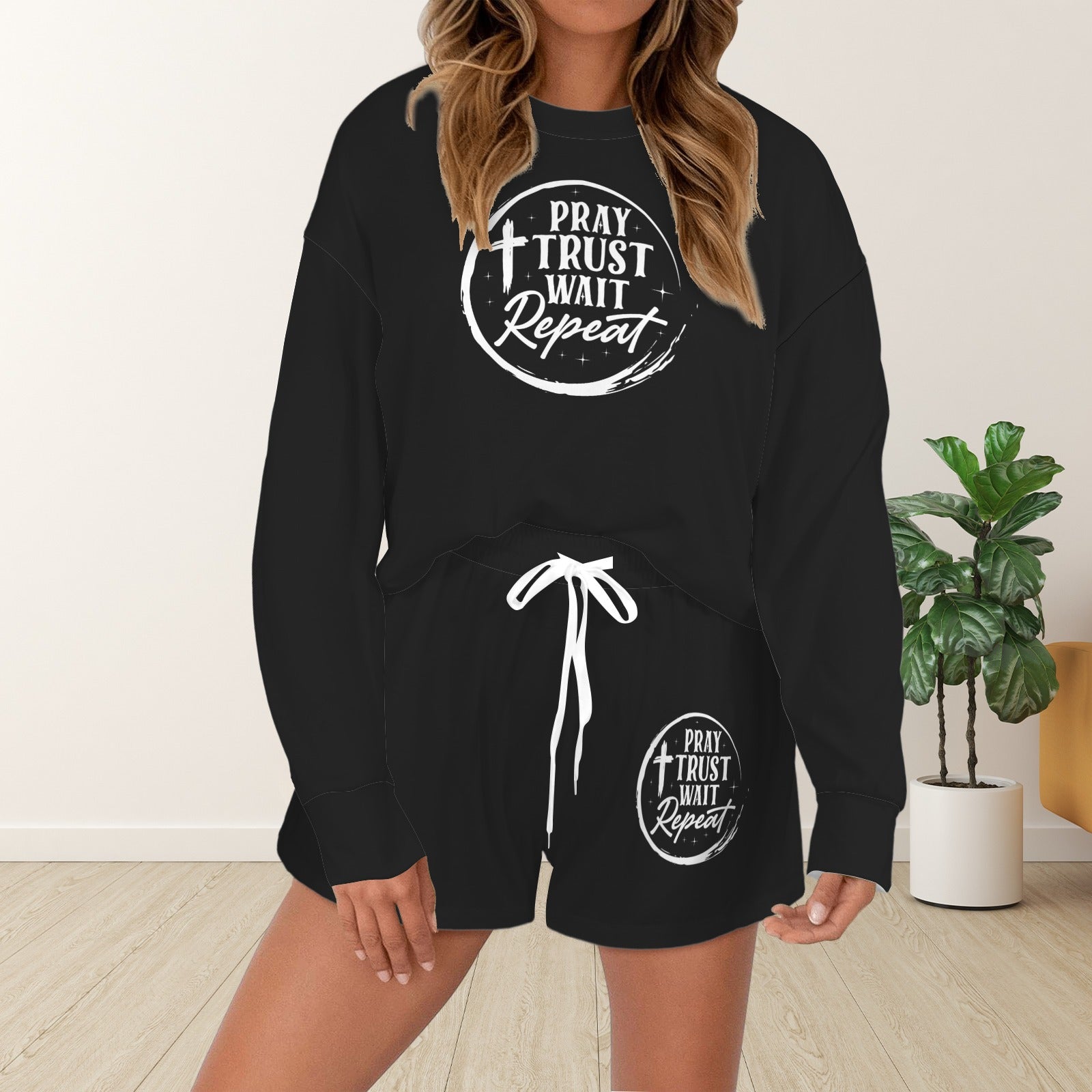 Pray Wait Trust Repeat Christian Women's Long Sleeve& Tether Shorts Pocket Pajama Set