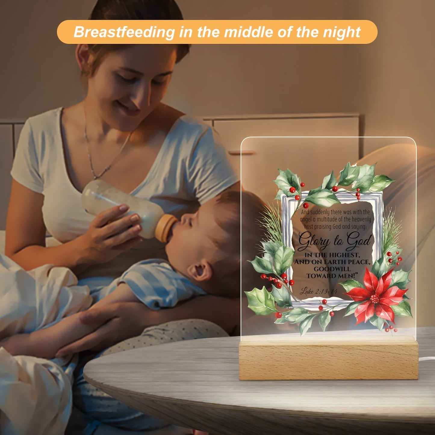 Luke 2:13-14 Glory To God (Christmas Themed) Christian Acrylic Night Light with Wooden Base