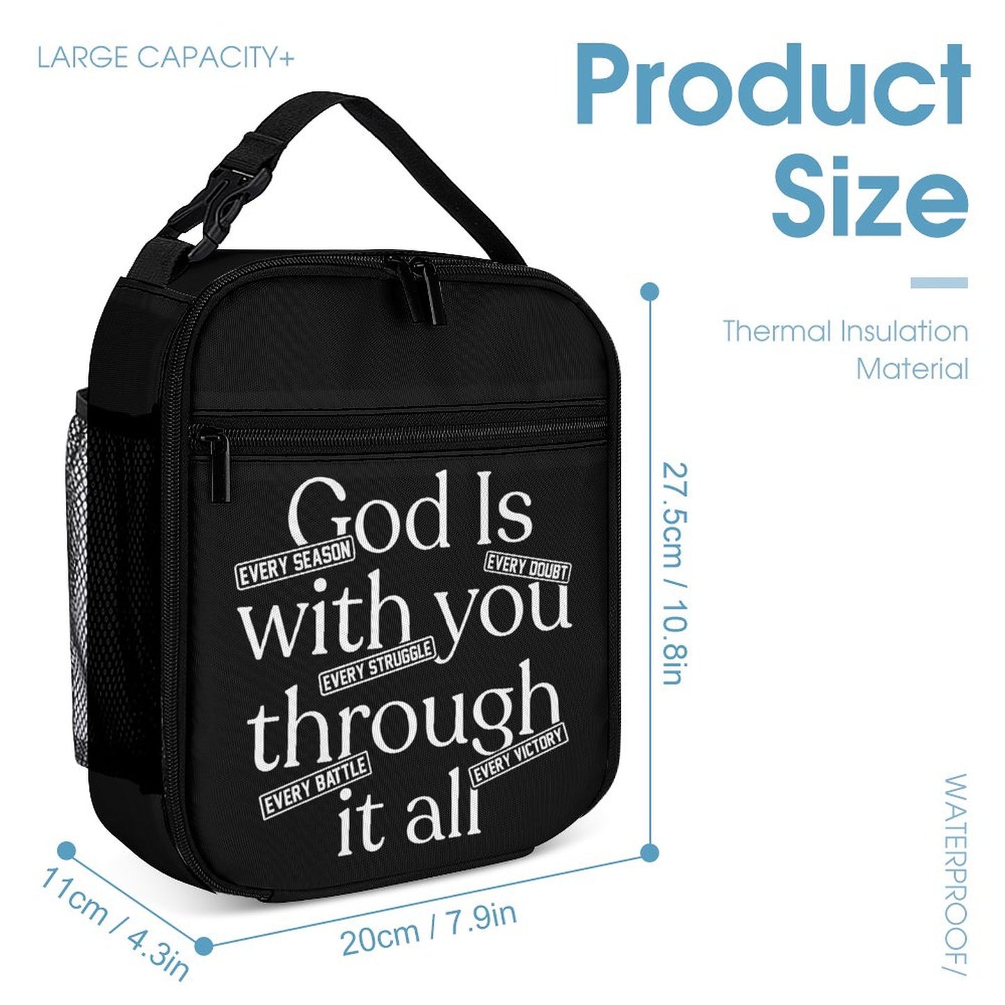 God Is With You Through It All 3 Pcs Christian School Backpack Set for Kids (Backpack, Kid's Insulated Lunch Bag & Pencil Case Organizer)