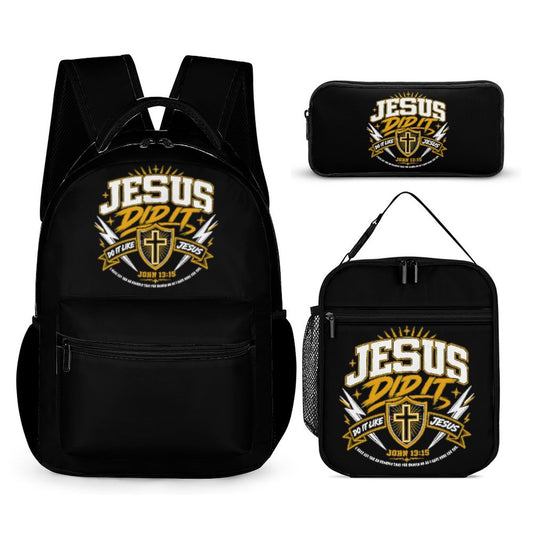 Jesus Did It Christian 3 Pcs School Backpack Set for Kids (Backpack, Kid's Insulated Lunch Bag & Pencil Case Organizer)