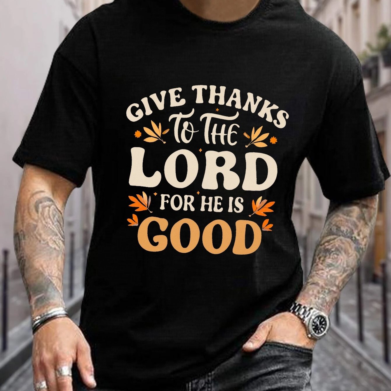 Give Thanks To The Lord For He Is Good (thanksgiving themed) Men's Christian T-Shirt claimedbygoddesigns
