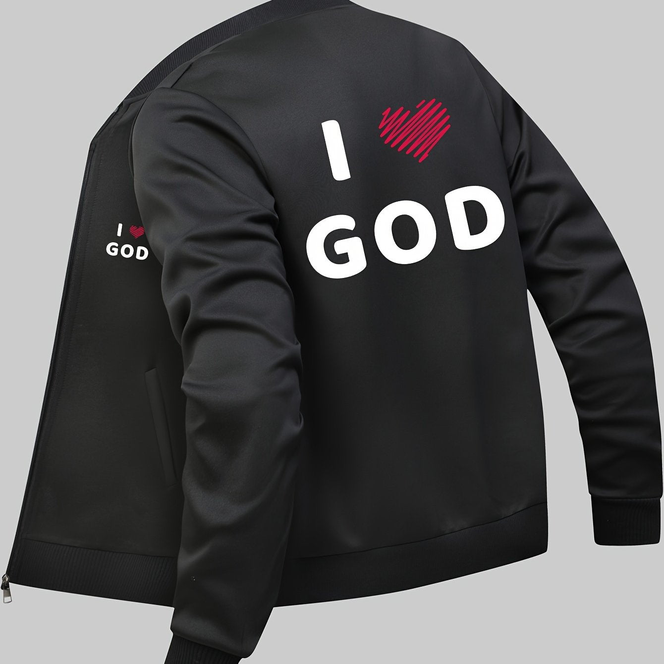 Men's I Love God Print Bomber Jacket, Casual Zip-up Jacket With Pockets claimedbygoddesigns