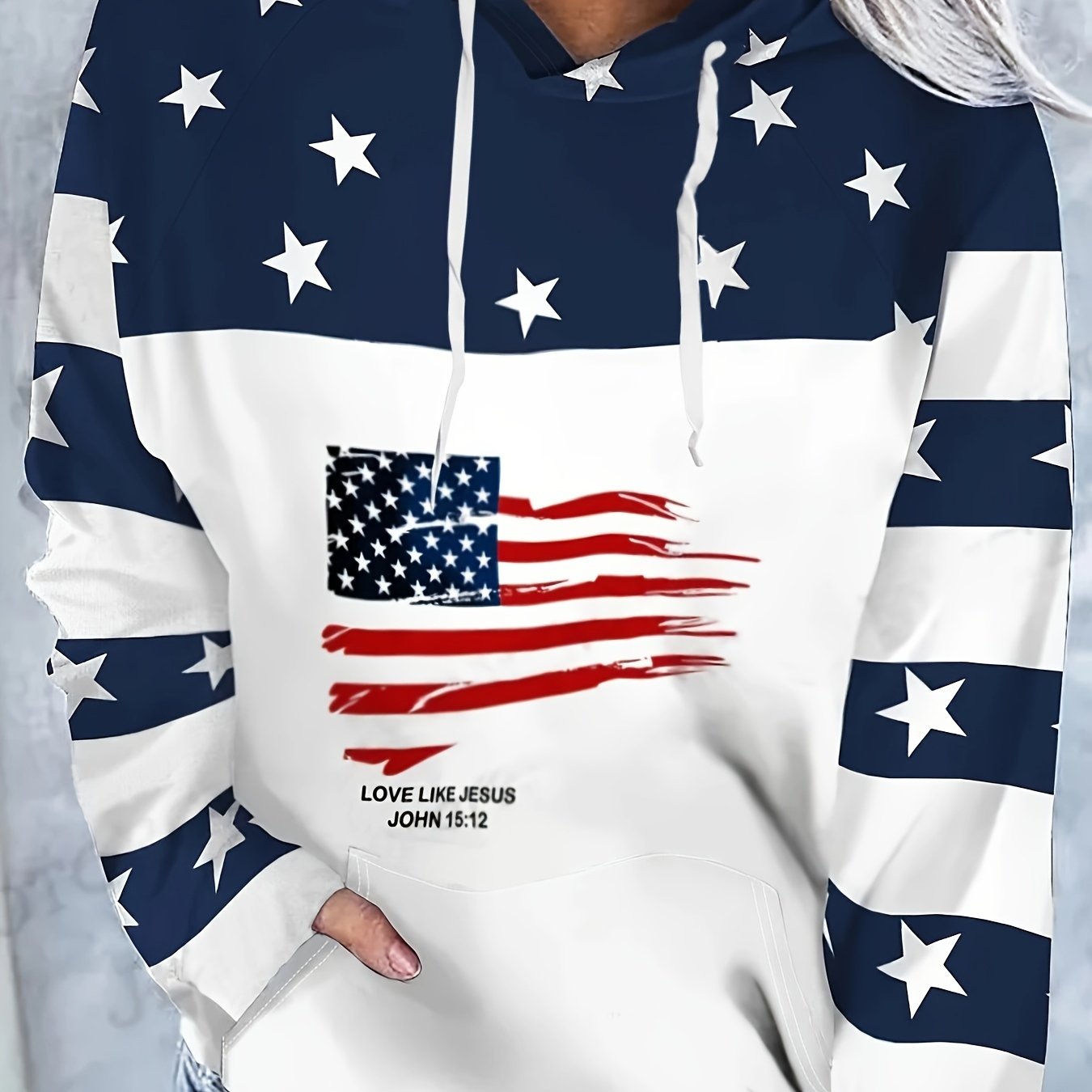Love Like Jesus Patriotic American Flag Women's Christian Pullover Hooded Sweatshirt claimedbygoddesigns
