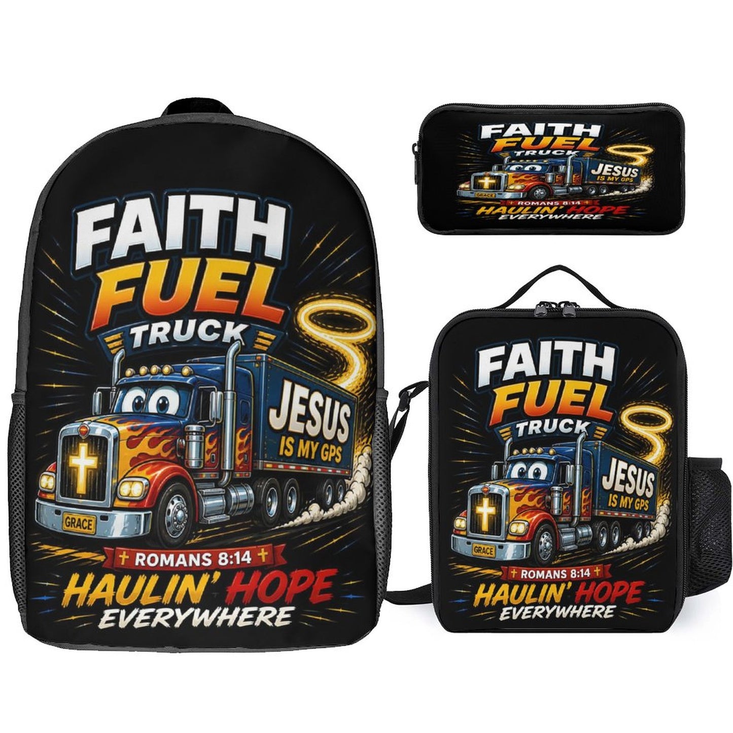 Faith Fuel Truck Christian 3 PCS Bag Set (Backpack, Lunch Bag and Pencil Case) - ClaimedbyGodDesigns