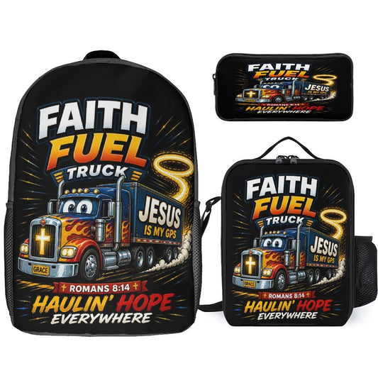 Faith Fuel Truck Christian 3 PCS Bag Set (Backpack, Lunch Bag and Pencil Case) - ClaimedbyGodDesigns