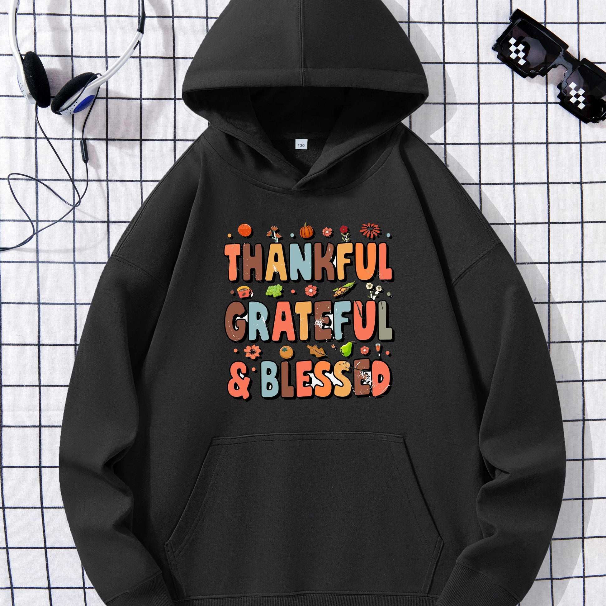 THANKFUL GRATEFUL BLESSED (thanksgiving themed) Youth Christian Pullover Hooded Sweatshirt claimedbygoddesigns