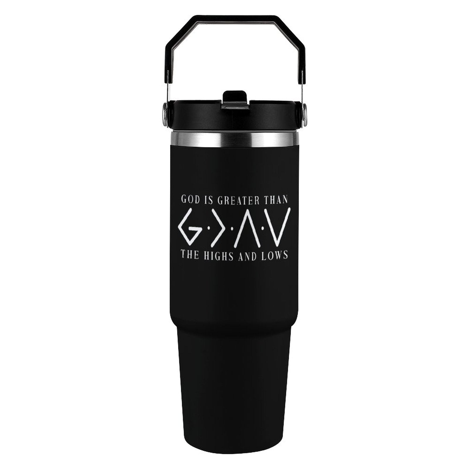 He Is Greater Christian 30oz Car Tumbler with Handle - ClaimedbyGodDesigns