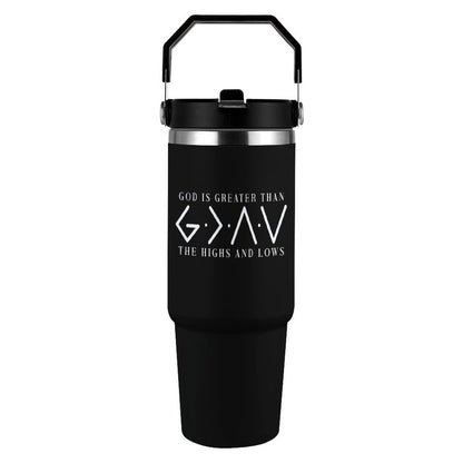 He Is Greater Christian 30oz Car Tumbler with Handle - ClaimedbyGodDesigns