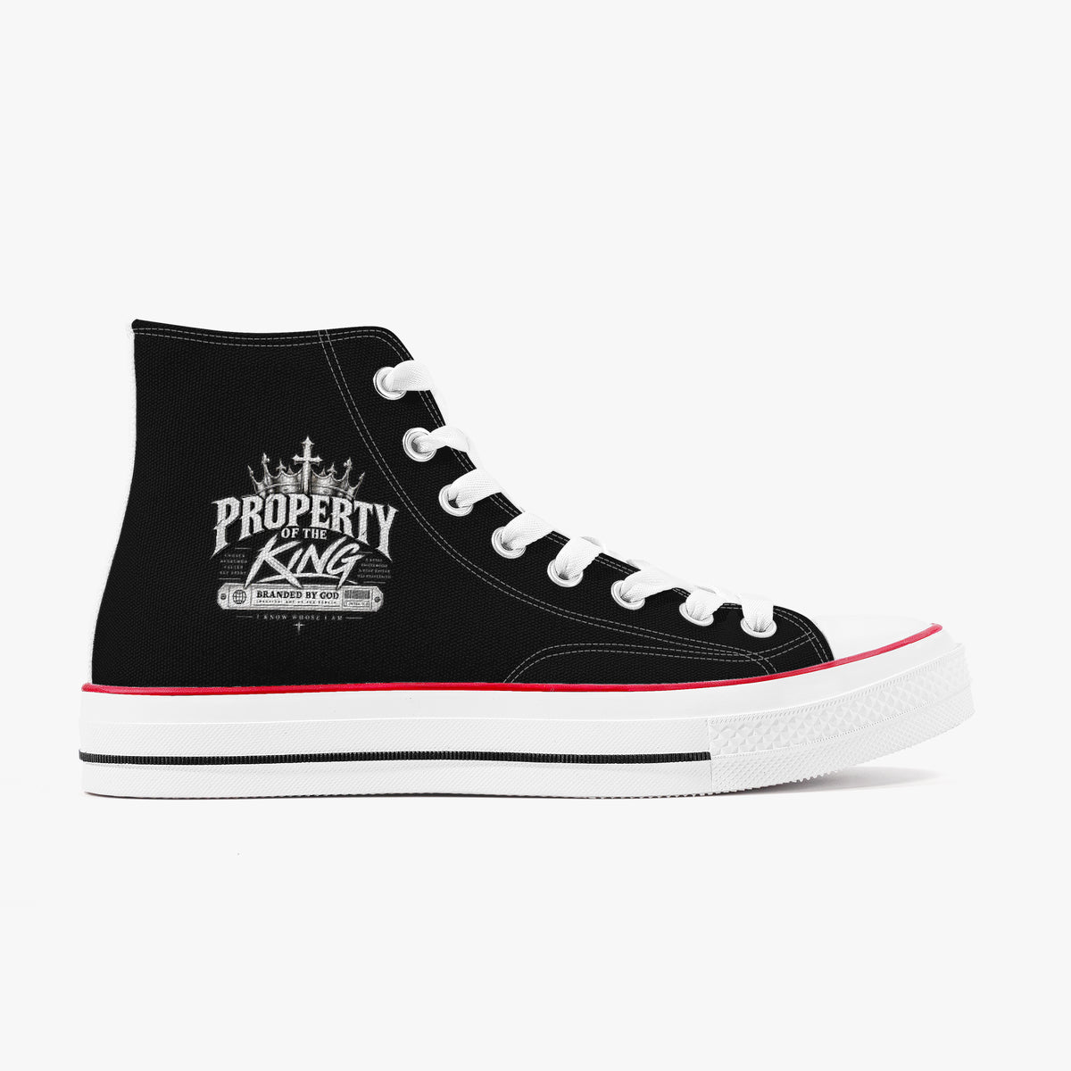Property Of The King Branded By God unisex high-top canvas sneakers, view 5
