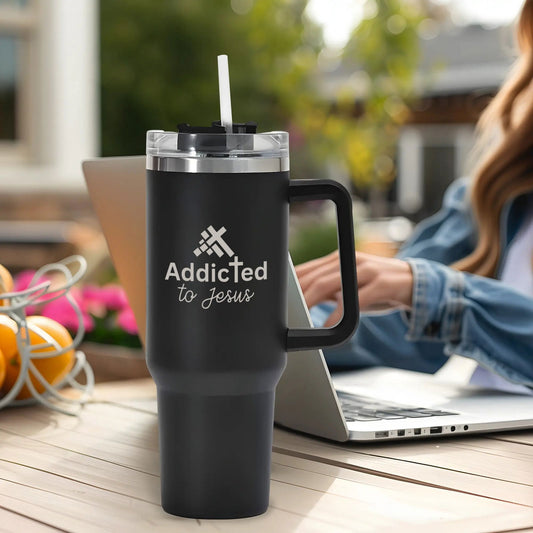 Addicted To Jesus 40oz Stainless Steel Christian Tumbler Travel Mug with Handle and Straw for Cup Holder - ClaimedbyGodDesigns