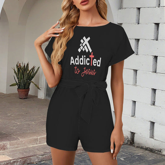 Addicted To Jesus Christian Women's Belt Keyhole Back Short Sleeve Romper - ClaimedbyGodDesigns