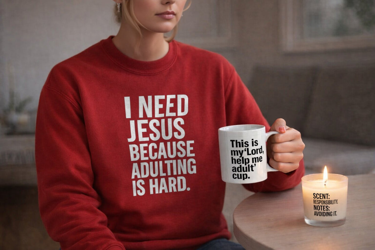 Adulting Is Hard Survival Kit – Christian Starter Gift Set | Sweatshirt, Mug, Candle, Tea & Matches | Faith, Humor & Encouragement Gift Box - ClaimedbyGodDesigns