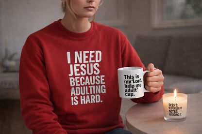Adulting Is Hard Survival Kit – Christian Starter Gift Set | Sweatshirt, Mug, Candle, Tea & Matches | Faith, Humor & Encouragement Gift Box - ClaimedbyGodDesigns