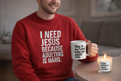 Adulting Is Hard Survival Kit – Christian Starter Gift Set | Sweatshirt, Mug, Candle, Tea & Matches | Faith, Humor & Encouragement Gift Box - ClaimedbyGodDesigns
