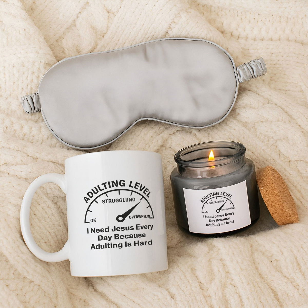 Adulting Level Gray Candle & Mug Christian Gift Set - ClaimedbyGodDesigns