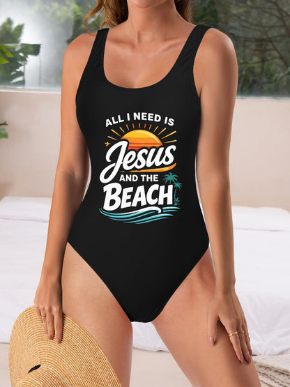 All I Need Is Jesus And The Beach Athletic Strap One - Piece Christian Swimsuit for Women - ClaimedbyGodDesigns