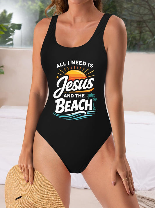 All I Need Is Jesus And The Beach Athletic Strap One-Piece Christian Swimsuit for Women - ClaimedbyGodDesigns