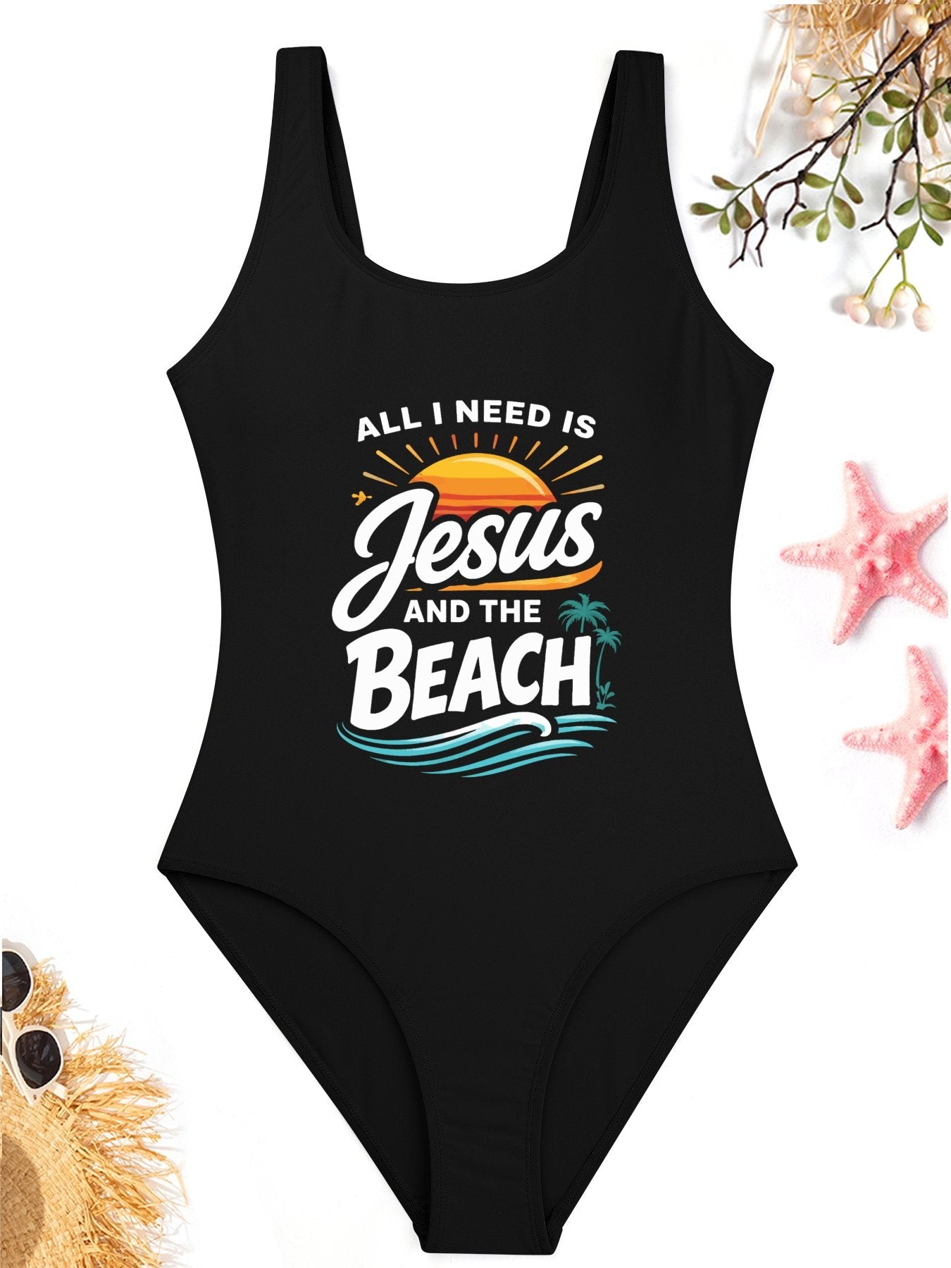 All I Need Is Jesus And The Beach Athletic Strap One - Piece Christian Swimsuit for Women - ClaimedbyGodDesigns