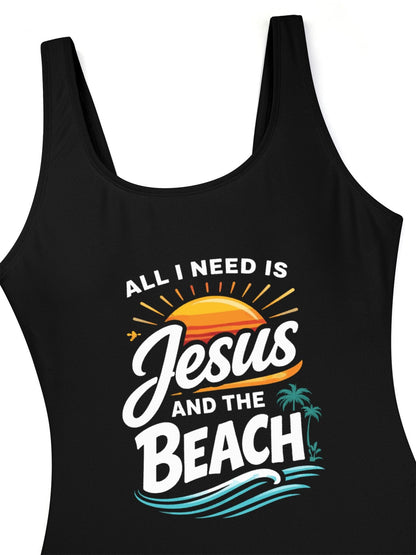 All I Need Is Jesus And The Beach Athletic Strap One - Piece Christian Swimsuit for Women - ClaimedbyGodDesigns