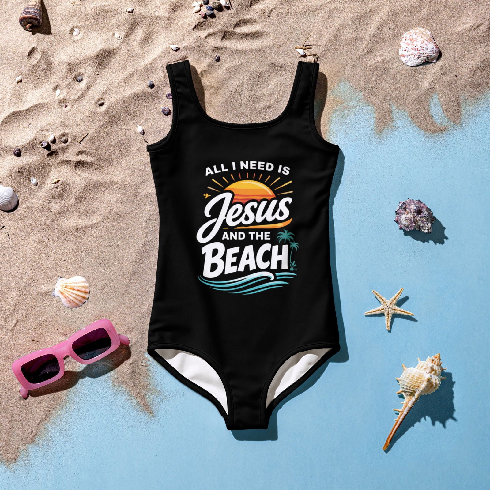 All I Need Is Jesus And The Beach Christian Kids Swimsuit - ClaimedbyGodDesigns