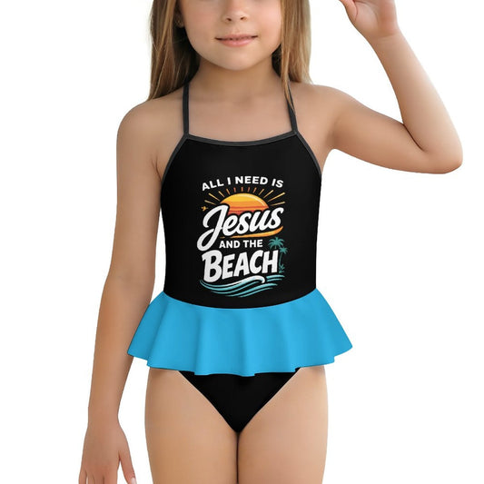 All I Need Is Jesus And The Beach Kids One Piece Ruffle Strap Christian Swimsuit - ClaimedbyGodDesigns
