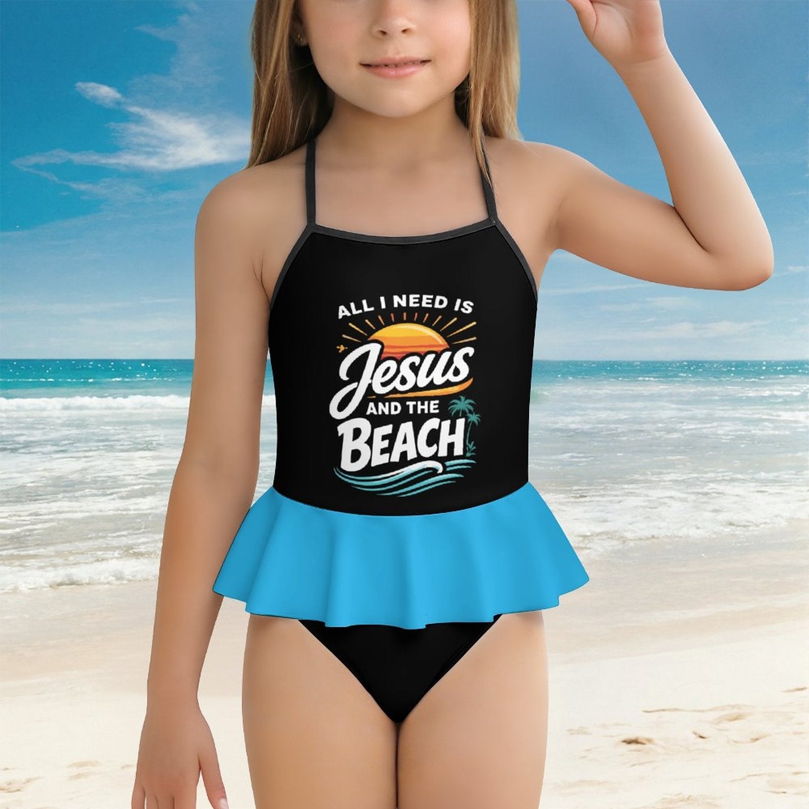 All I Need Is Jesus And The Beach Kids One Piece Ruffle Strap Christian Swimsuit - ClaimedbyGodDesigns
