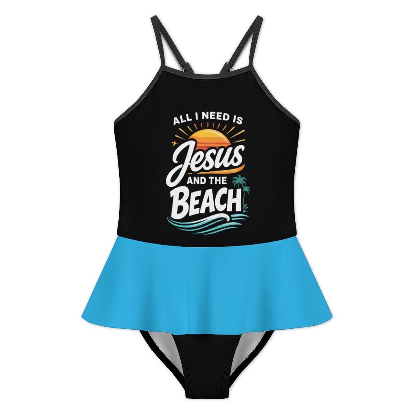 All I Need Is Jesus And The Beach Kids One Piece Ruffle Strap Christian Swimsuit - ClaimedbyGodDesigns