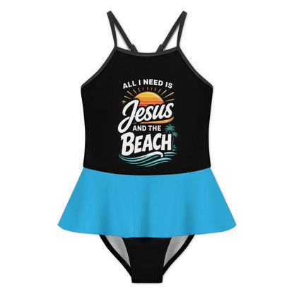 All I Need Is Jesus And The Beach Kids One Piece Ruffle Strap Christian Swimsuit - ClaimedbyGodDesigns