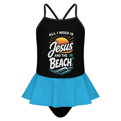 All I Need Is Jesus And The Beach Kids One Piece Ruffle Strap Christian Swimsuit - ClaimedbyGodDesigns