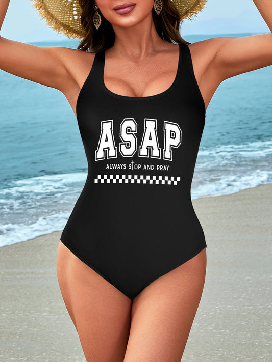 Always Stop And Pray  Athletic Strap One-Piece Christian Swimsuit for Women - ClaimedbyGodDesigns