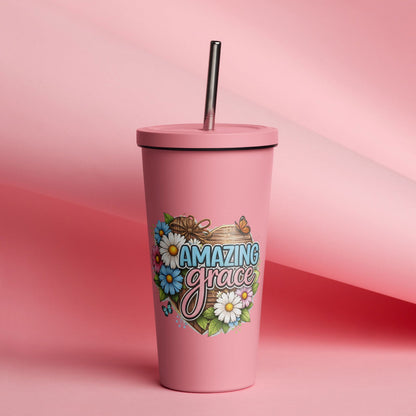 Amazing Grace Christian Insulated 20oz Tumbler with a straw - ClaimedbyGodDesigns
