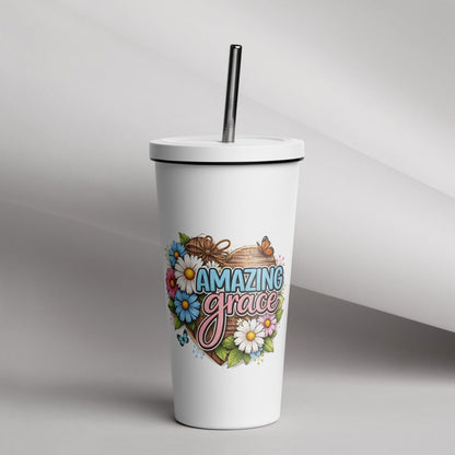 Amazing Grace Christian Insulated 20oz Tumbler with a straw - ClaimedbyGodDesigns