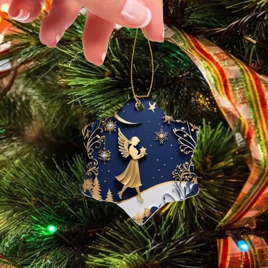 Angel With Star Christian Snowflake Ceramic Ornaments (1pc, 3pcs, 5pcs, 10pcs) - ClaimedbyGodDesigns