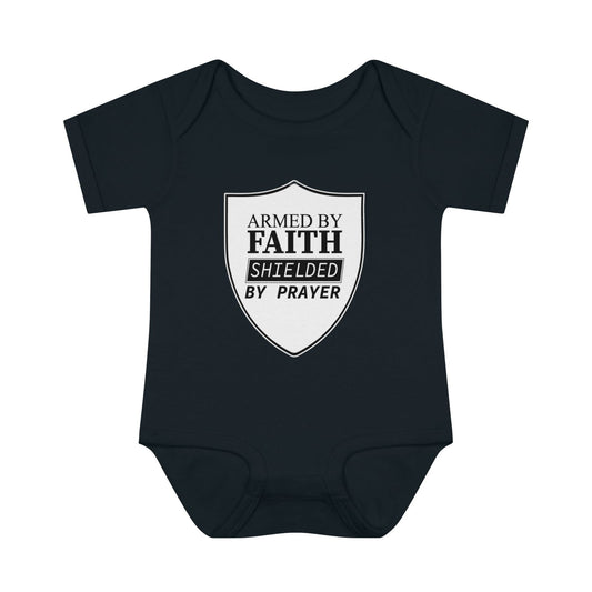 Armed By Faith Shielded By Prayer Christian Baby Onesie - ClaimedbyGodDesigns