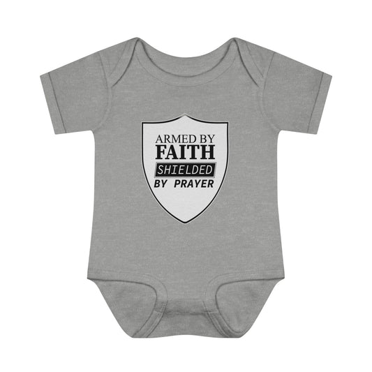 Armed By Faith Shielded By Prayer Christian Baby Onesie - ClaimedbyGodDesigns