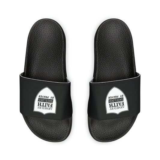 Armed By Faith Shielded By Prayer Men's PU Christian Slide Sandals - ClaimedbyGodDesigns