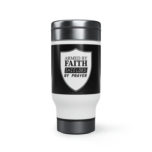 Armed By Faith Shielded By Prayer Travel Mug with Handle, 14oz - ClaimedbyGodDesigns