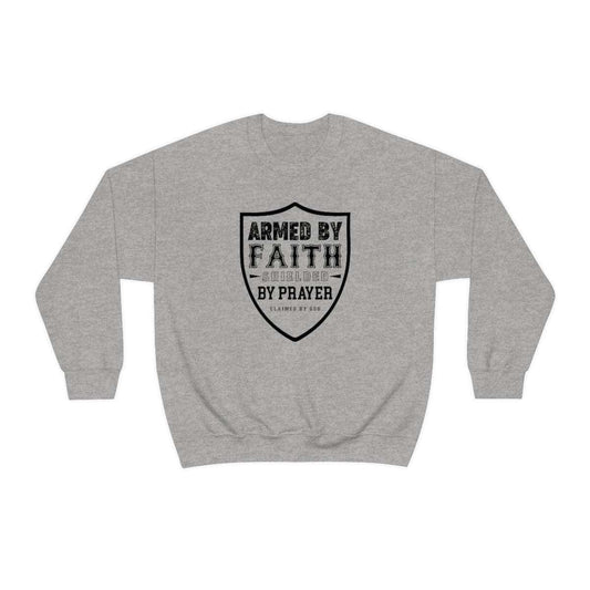 Armed By Faith Shielded By Prayer Unisex Heavy Blend™ Crewneck Sweatshirt - ClaimedbyGodDesigns