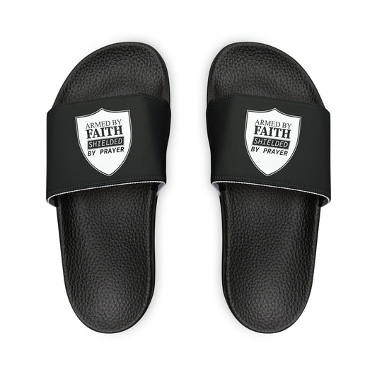 Armed By Faith Shielded By Prayer Youth PU Christian Slide Sandals - ClaimedbyGodDesigns