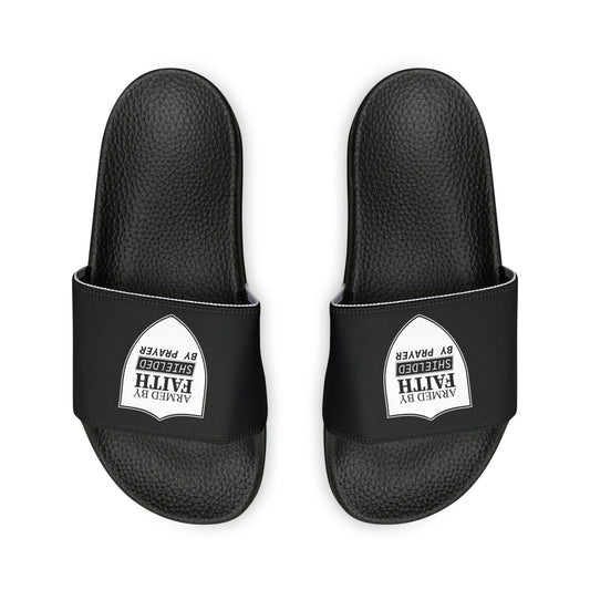 Armed By Faith Shielded By Prayer Youth PU Christian Slide Sandals - ClaimedbyGodDesigns