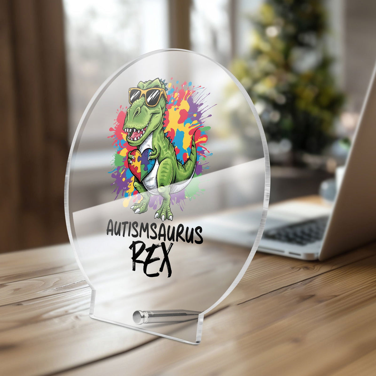 Autism-saurus Rex Acrylic Plaque with Stand - Round Autism Awareness Display Piece - ClaimedbyGodDesigns