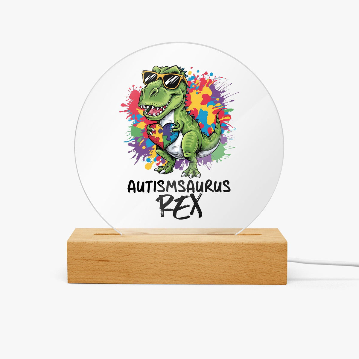 Autism-saurus Rex Acrylic Plaque with Stand - Round Autism Awareness Display Piece - ClaimedbyGodDesigns