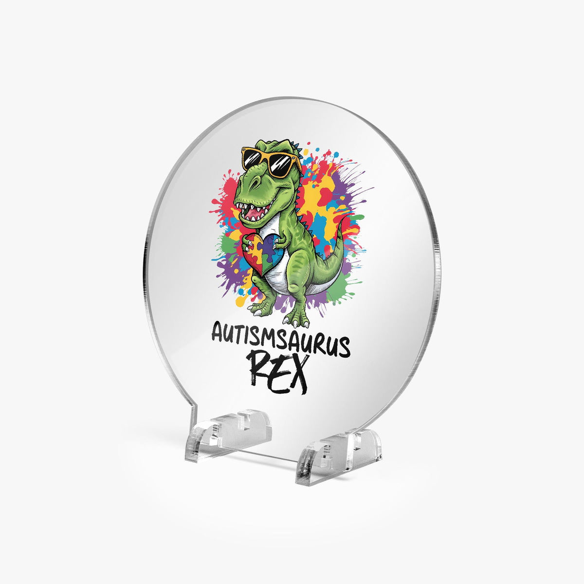 Autism-saurus Rex Acrylic Plaque with Stand - Round Autism Awareness Display Piece - ClaimedbyGodDesigns