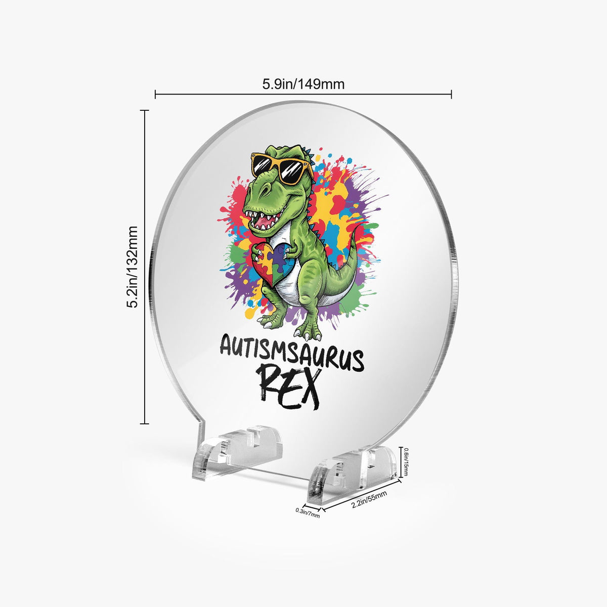 Autism-saurus Rex Acrylic Plaque with Stand - Round Autism Awareness Display Piece - ClaimedbyGodDesigns
