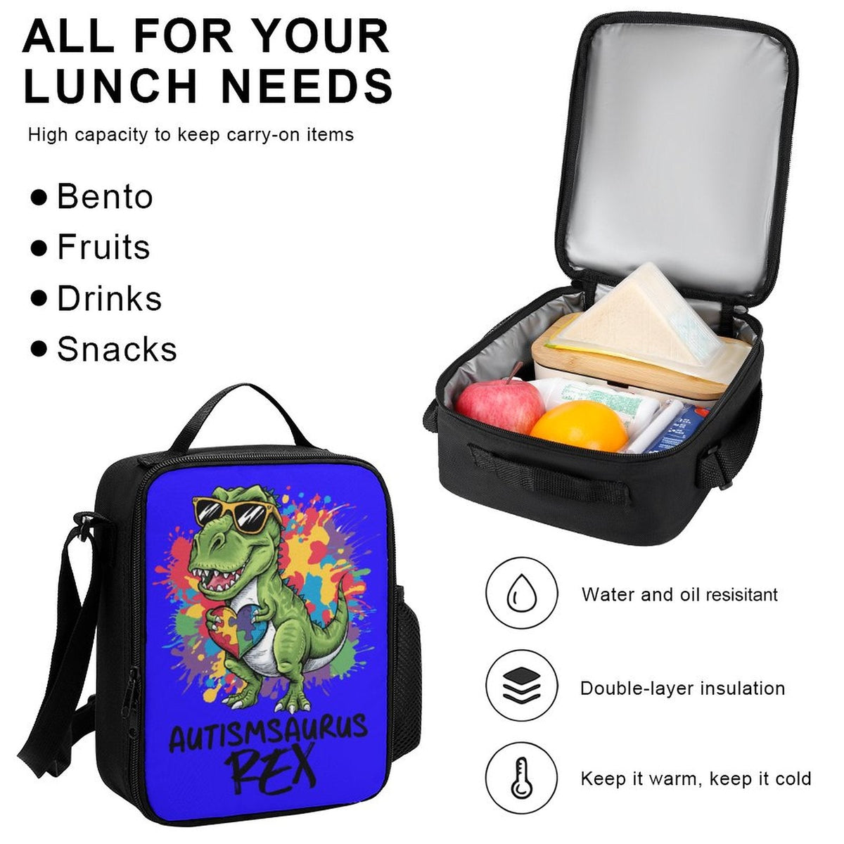 Autism Awareness Dino Lovers Set of 3 Bags (Shoulder Bag Lunch Bag & Pencil Pouch) - ClaimedbyGodDesigns