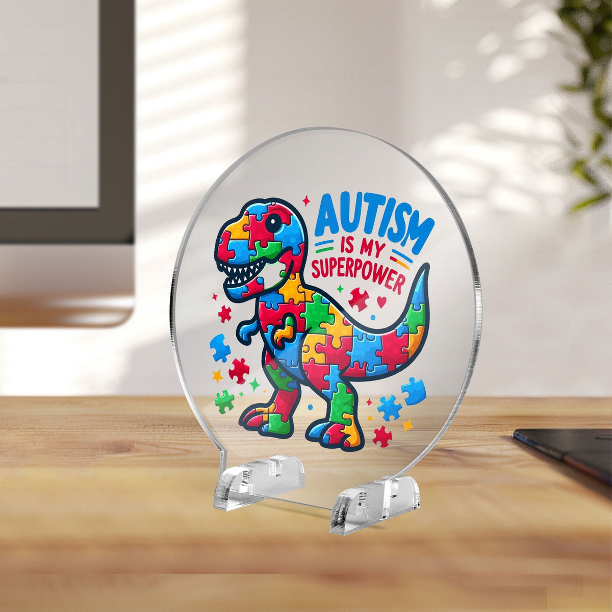 Autism Is My Superpower Autism Awareness Round Acrylic Plaque with Stand – Celebrate Strength and Individuality - ClaimedbyGodDesigns