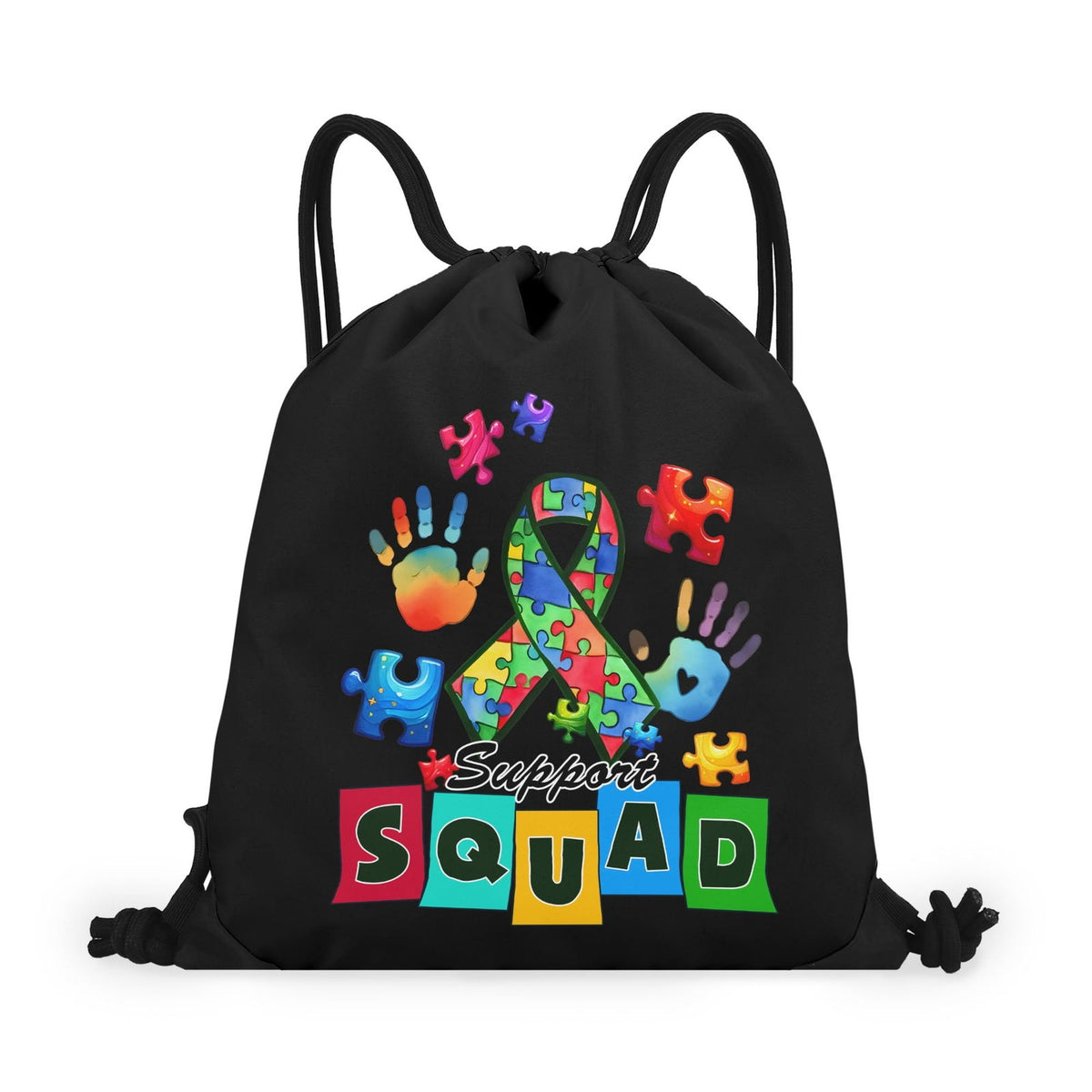 Autism Support Squad Drawstring Bag (Single-Sided Print) – Show Your Support and Celebrate Neurodiversity - ClaimedbyGodDesigns